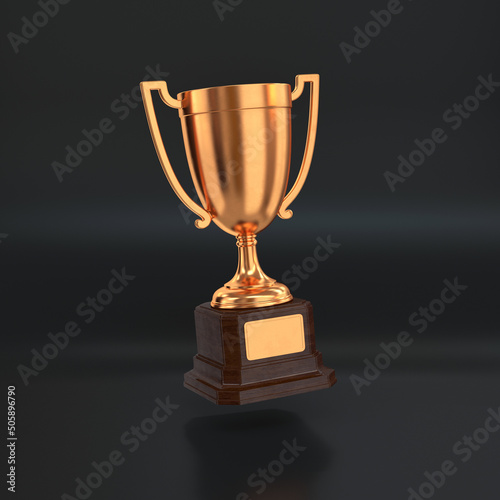 Bronze trophy cup floating on a black background, 3d render