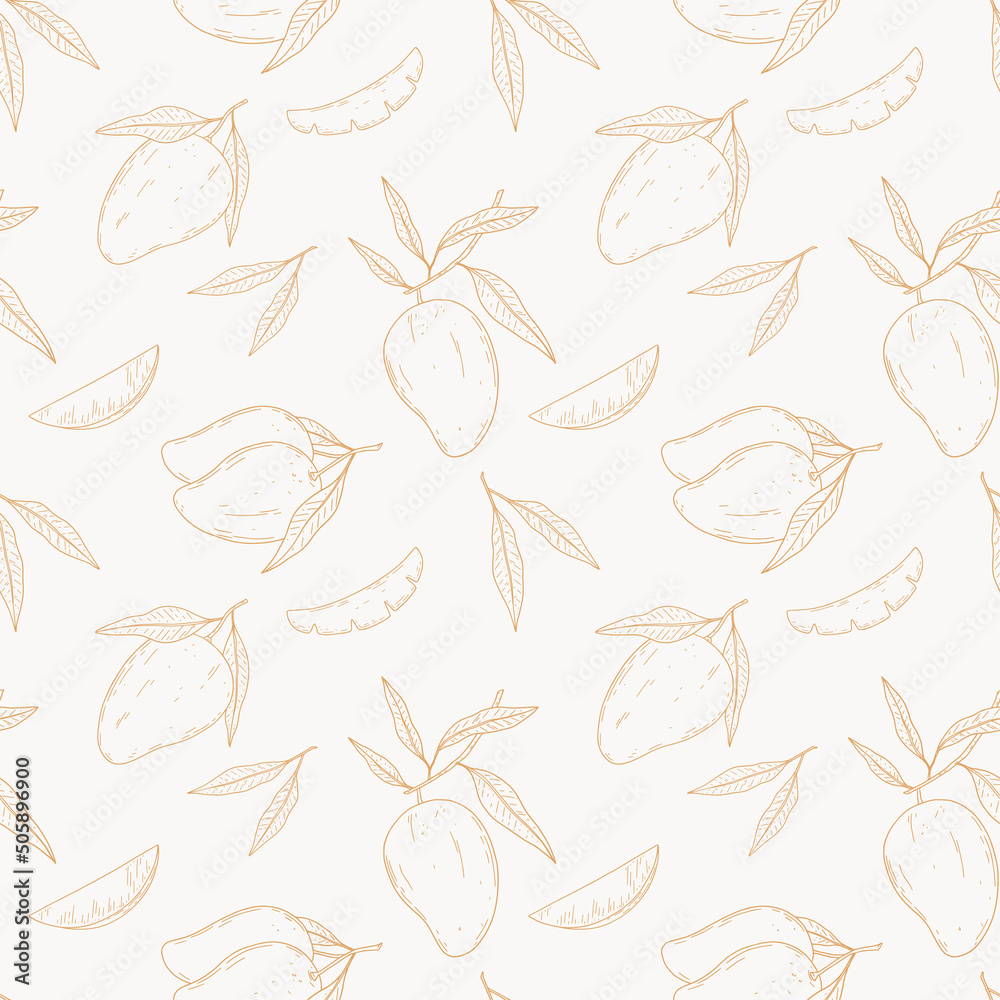 Seamless vector pattern with hand drawn decorative mango.  Vintage style. Tropical fruit background. For the design of textiles, wrapping paper, wallpaper. 