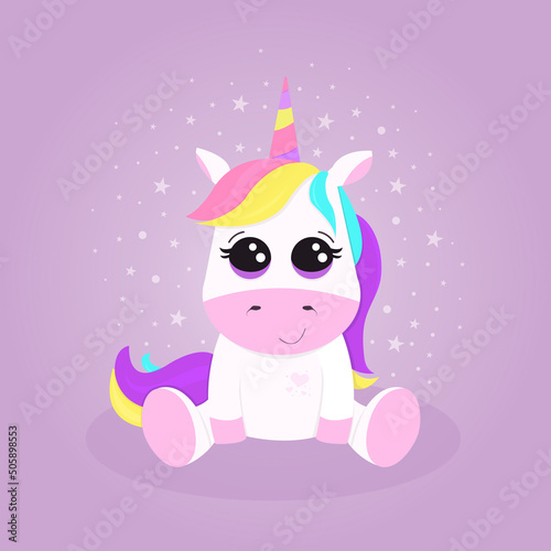 Cute smiling unicorn with big eyes sitting down with stars around