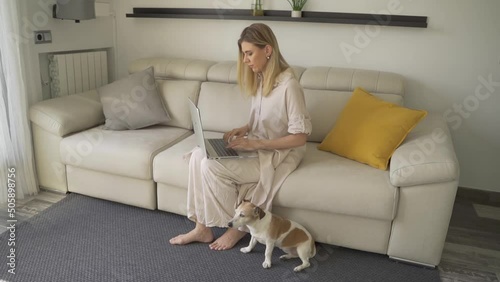 Homw oficce with a cute small dog. Woman sitting on sofa in living room and typind. Pet sitting on the floor next to her. Freelancer  woman on home living room with beige sofa and yellow pillow photo