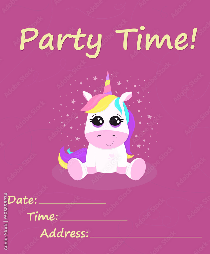 Invitation card with unicorn and title 