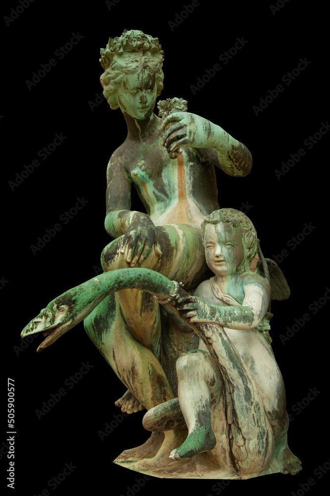 Olympic goddess of love and beauty Aphrodite (Venus) with little Cupid (Amur) and swan. An ancient statue.