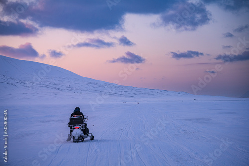 Snowmobile trip, Spitsbergen during winter time, Svalbard
