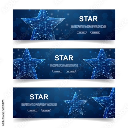 Set of three Star horizontal banners. Horizontal illustration for homepage design, promo banner. Rating low poly symbols with connected dots