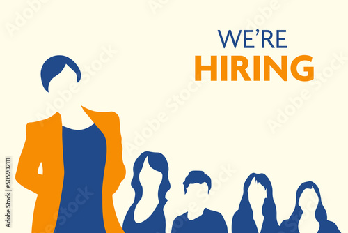 We're hiring, minimalistic flat template. We are hiring, looking for new members. We're hiring concept illustration. Flat vector illustration. 