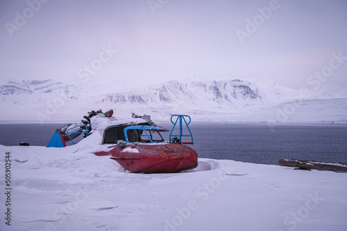 Barentsburg, Spitsbergen during winter time, Svalbard photo