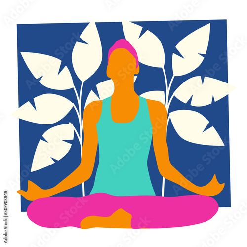 Yoga meditation illustration. Exercise, spiritual practice, houseplants in background. Vector illustration.