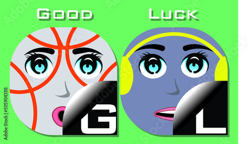 Two character of  light and dark grey avatar with a letters G, L and words good luck. Alphabetical cartoon faces with letters G and L. The GL chat abbreviation commonly used on social media.