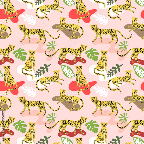 Seamless pattern with cute cartoon leopards and tropical leaves