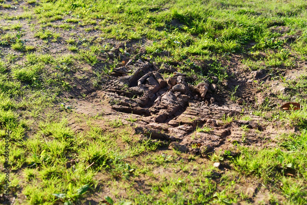 trace de pneu de tracteur dans la terre et l'herbe trace de pneu de tracteur dans la terre et l'herbe