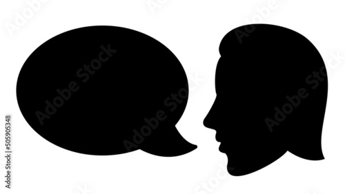 Man silhouette with speech bubble black flat illustration silhouette isolated on a white background. 