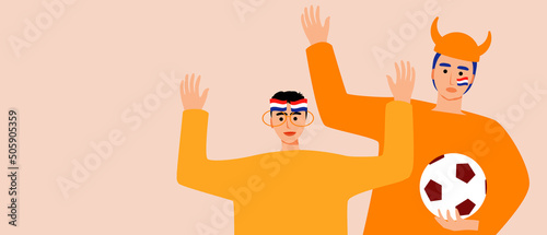 Football fans from Netherlands, flat vector stock illustration as copy space template with people with flags