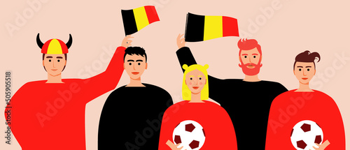 Football fans from Belgium, flat vector stock illustration with crowd of people with national flags as support group