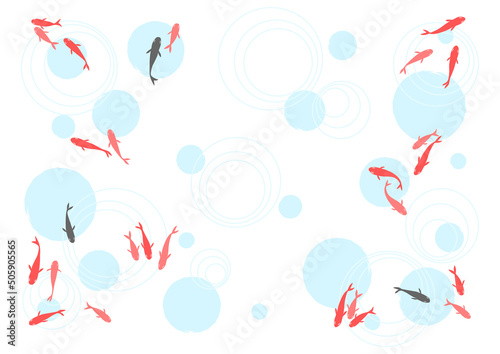 金魚と波紋と水玉模様のイラスト