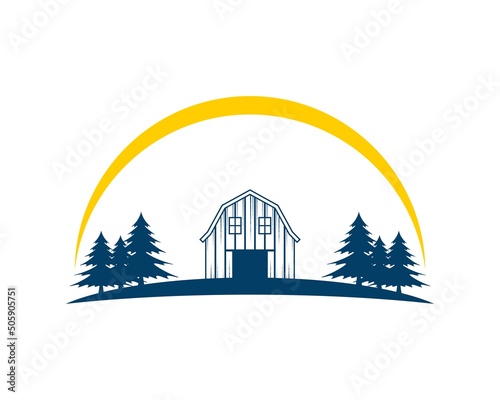 pine forest with barn and circular swoosh