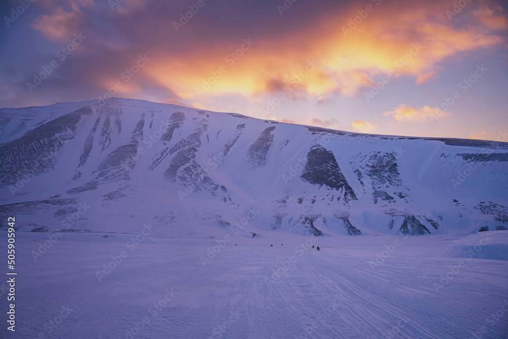 Snowmobile trip, Spitsbergen during winter time, Svalbard