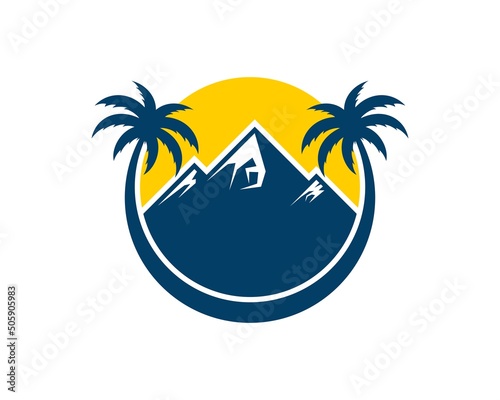 Circular palm tree with mountain and sunset