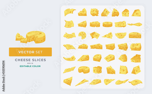 Cheese slices set vector Illustration. collection of cheese slice in various shapes and models. Color Editable Eps 10.