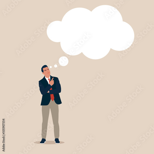 Business and office concept - handsome businessman looking up at text bubble.