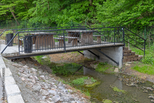 Picnic Tables Over Stream