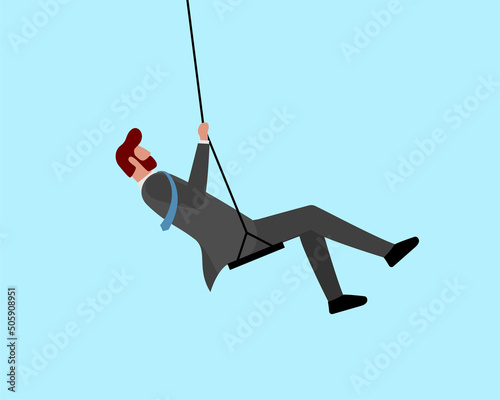 Swinging man in suit. Happy successful businessman relaxing and riding on swing. Business male success and profit concept. Manager take break vector eps illustration
