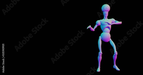 funny robot dancing a rumba dance on a black background for video titration end credits of the film
