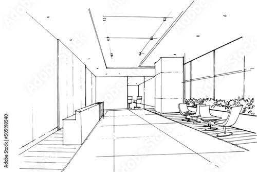 Company office waiting area sketch drawing,Modern design,vector,2d illustration