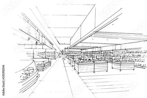 supermarket area sell various products sketch drawing,Modern design,vector,2d illustration