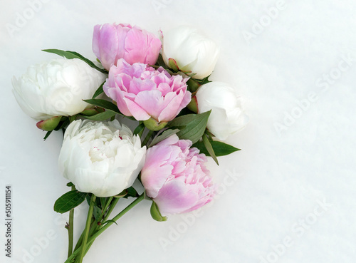 Bouquet of delicate pink and white peonies on a white background.