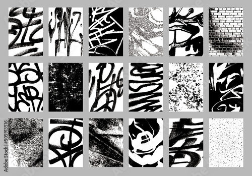 Grunge textures set. Abstract graffiti backgrounds. Brush strokes, spots, scratches, stripes. Sketch monochrome vector illustrations isolated on a white background.