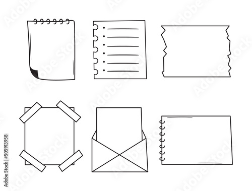 Hand drawn bullet journal elements for notebook, diary, sketchbook. Set of doodle notes, sheets, paper lists. Outline vector sketch