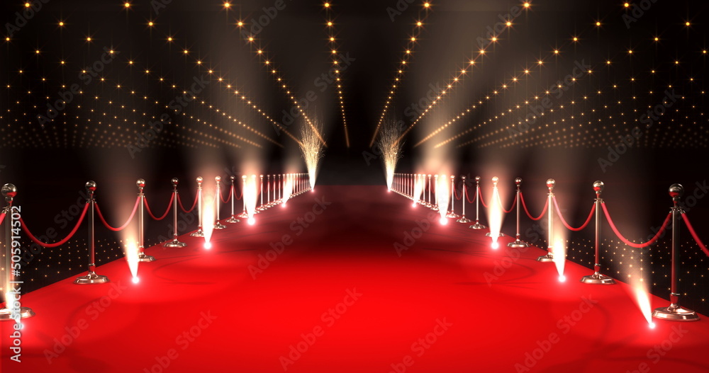 Long red carpet with spotlights against red background Stock Illustration