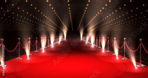 Long red carpet with spotlights against red background