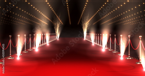Long red carpet with spotlights against red background