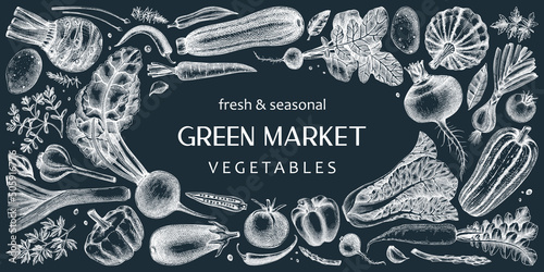 Hand-drawn vegetables vector illustrations on chalkboard. Hand-sketched healthy food collection. Vintage edible plants hand-drawings. Fresh vegetables sketches on chalkboard.