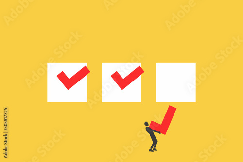 Project tracking, goal tracker, task completion or checklist to remind project progress concept, businessman project manager holding big check to completed tasks in project management time line.