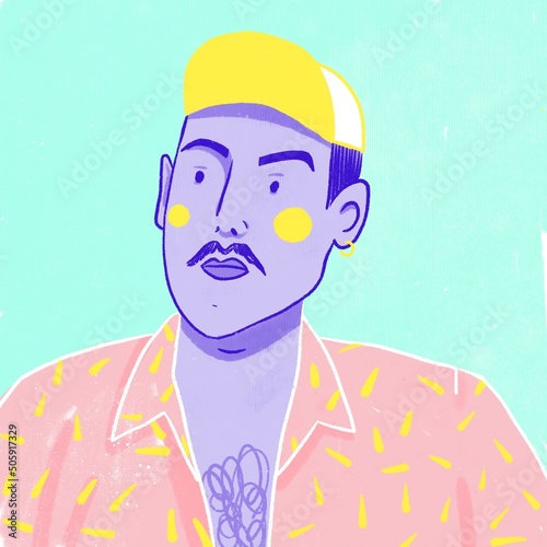 Illustrated portrait of a young man with mustache and a hat