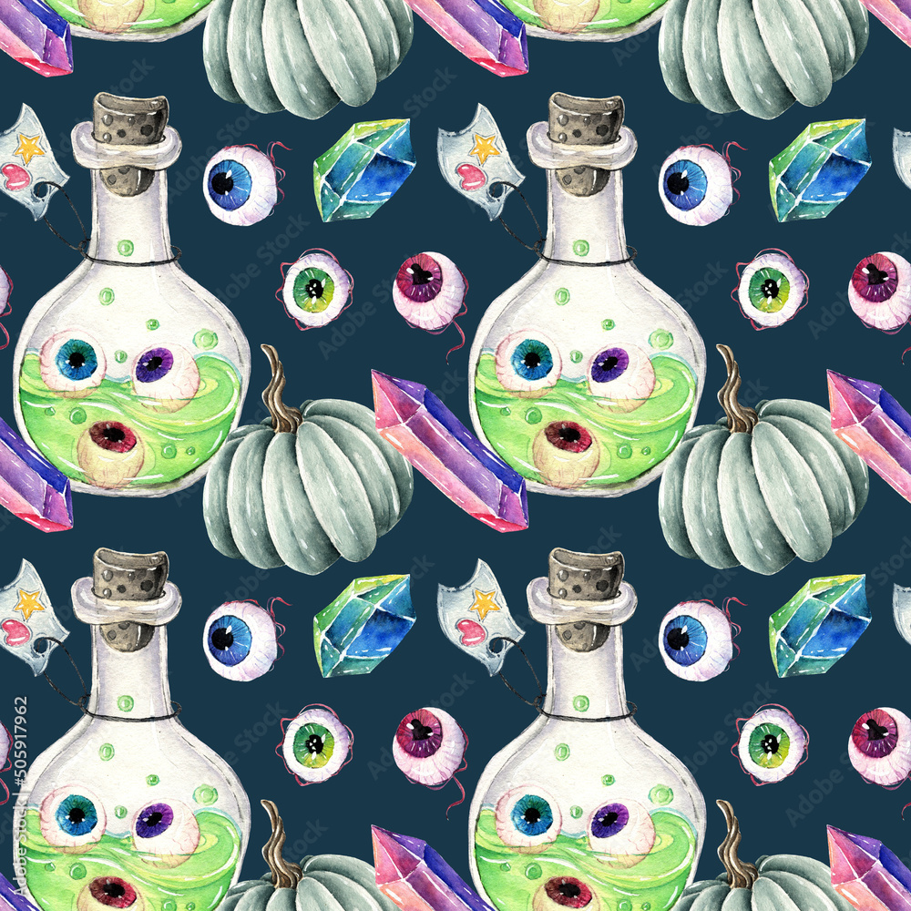 Watercolor illustration. Happy Halloween. Potion bottle, pumpkin, crystals, eyeballs. Handmade, dark background, seamless pattern Watercolor illustration. Happy Halloween. Potion bottle, pumpkin, crystals, eyeballs. Handmade, dark background, seamless pattern