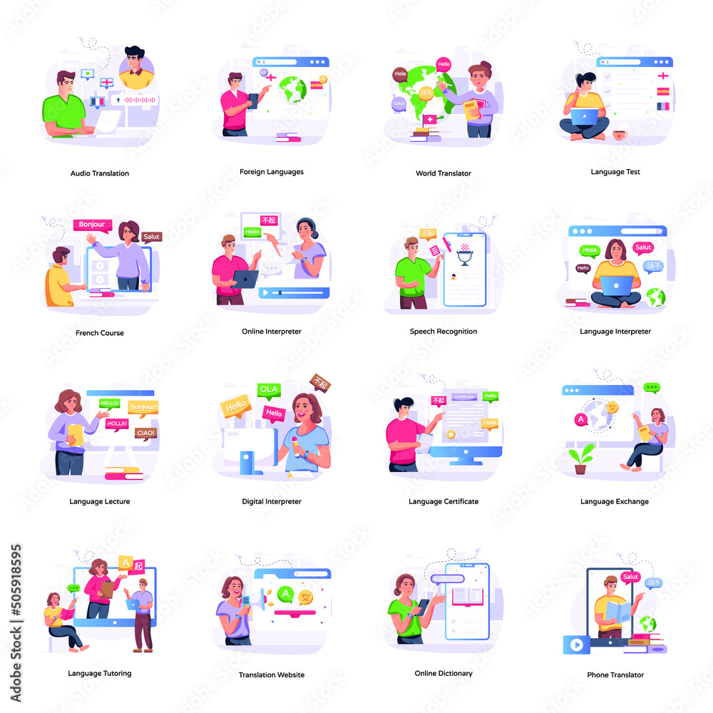 Character Based Linguistics Flat Illustrations Character Based Linguistics Flat Illustrations