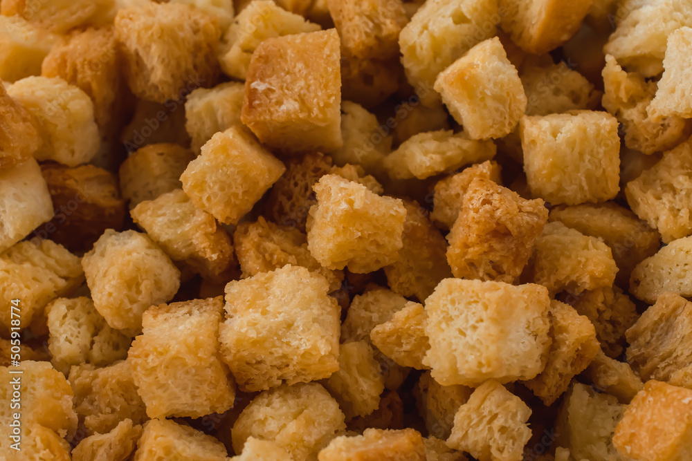 Closeup of croutons . Appetizing croutons close up. Closeup of croutons . Appetizing croutons close up.