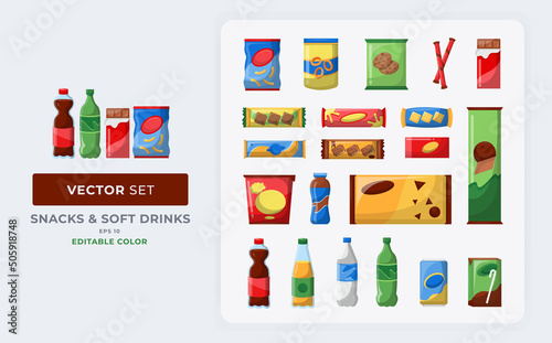 Snacks and soft drinks set vector illustration. Collection of different types of snacks. Color Editable Eps 10.