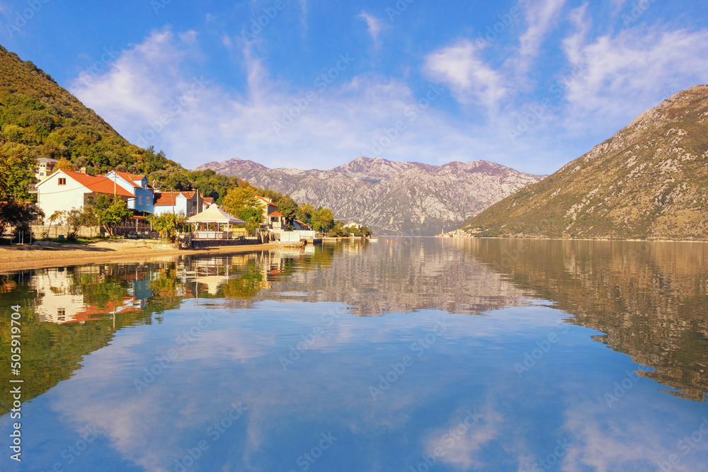 Beautiful autumn Mediterranean landscape. Montenegro, Adriatic Sea. View of Kotor Bay and town of Stoliv