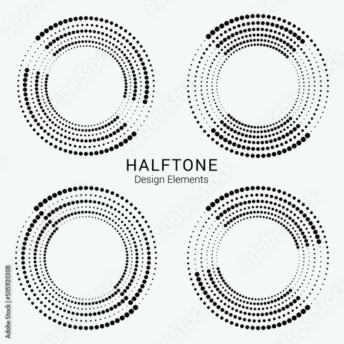 Halftone logo set. Circular dotted logo isolated on the white background. Garment fabric element set. Halftone circle dots texture  pattern  background. Vector design element.