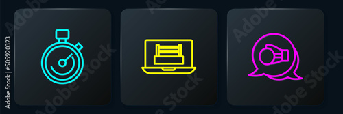 Set line Stopwatch, Boxing glove and ring. Black square button. Vector