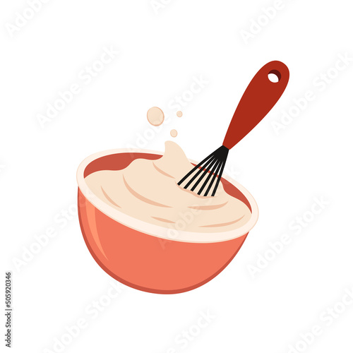 Beater whisk vector. Beater whisk on white background. Sticky flour. Flour stretch. Flour in bowl.