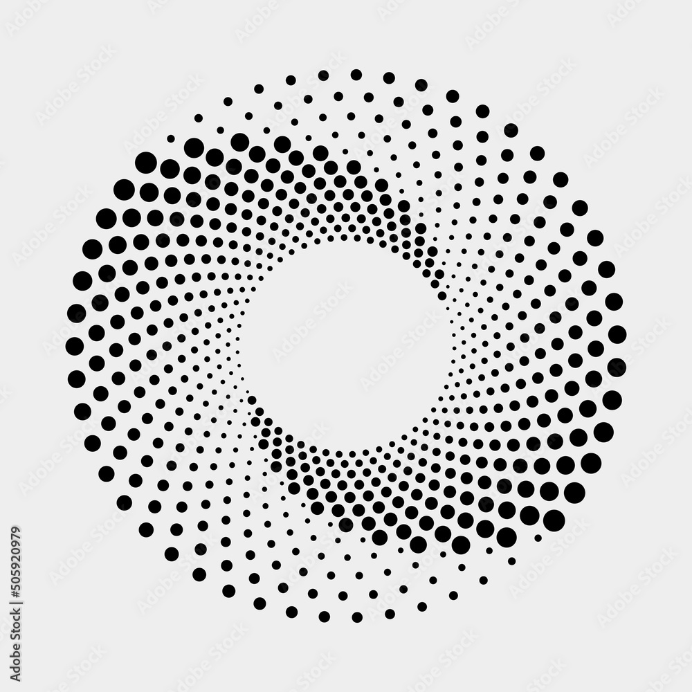 Halftone design element. Abstract background. Dotted round logo. Halftone swirl object. Halftone dots circle texture, pattern, object. Vector art illustration.	