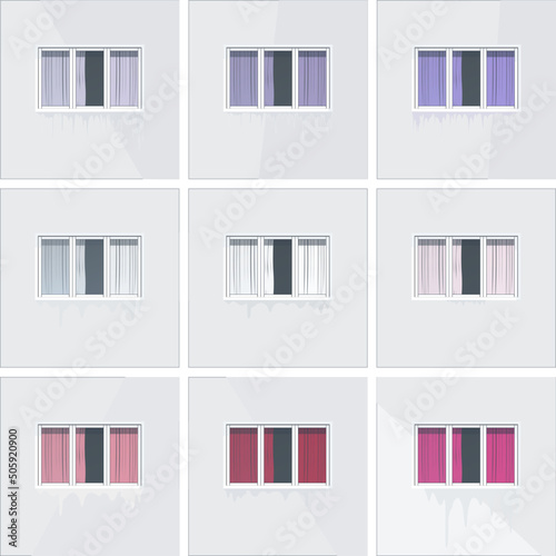 Part of the facade of a panel house. Eastern European architecture. Dormitory area. Windows vector set. 