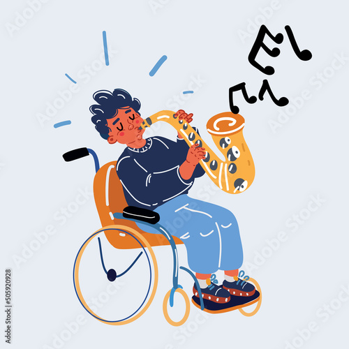 Vector illustration of boy on wheelchair plays the saxophone