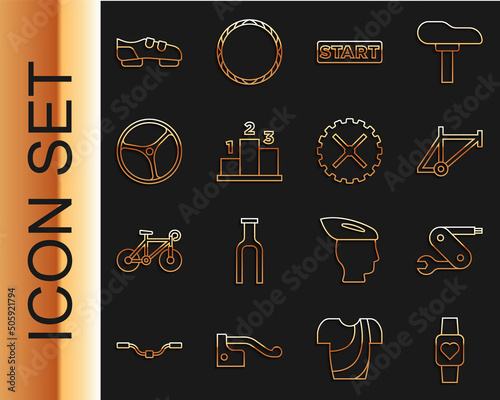 Set line Smart watch, Swiss army knife, Bicycle frame, Ribbon in finishing line, Award over sports winner podium, wheel, shoes and sprocket crank icon. Vector