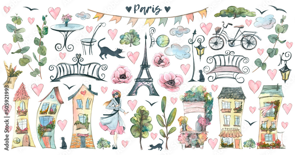 A large set of Parisian streets. Houses, plants, lanterns. Watercolor illustration in sketch style with graphic elements. For the design and decoration of postcards, posters, souvenirs, booklets - obrazy, fototapety, plakaty 